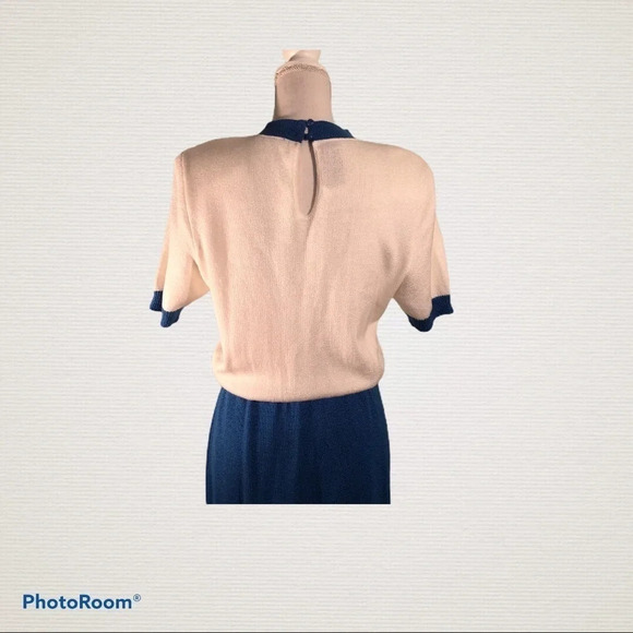 Vintage SCHRADER KNIT Sz ? Blue & Cream Dress - Picture 8 of 9